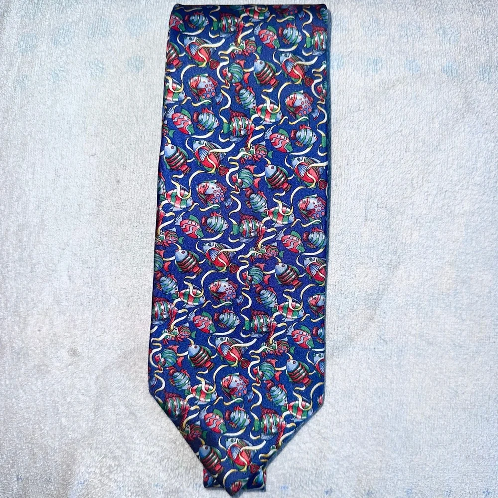 NWOT Men’s Alain Figaret Fish Nautical Theme Hand Made Necktie Paris France